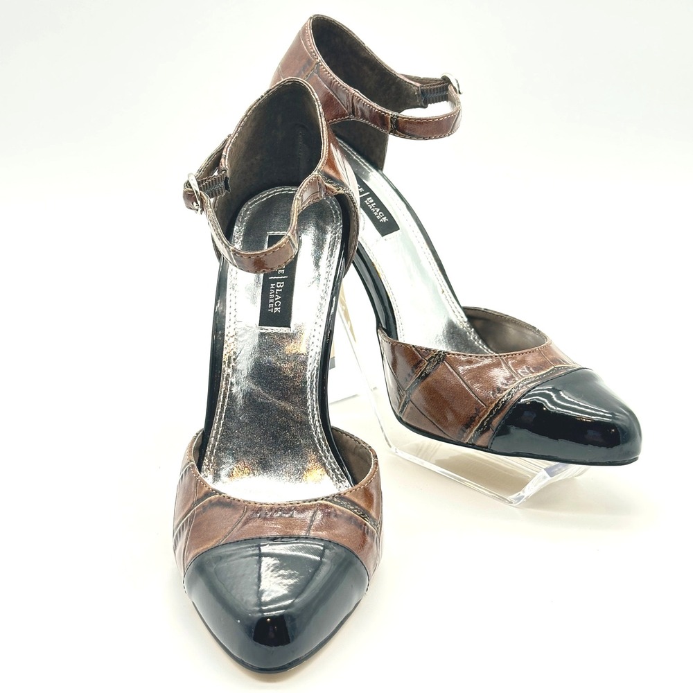 White House Black Market Heels Women 6.5M Brown Black Pointed Toe Ankle Strap